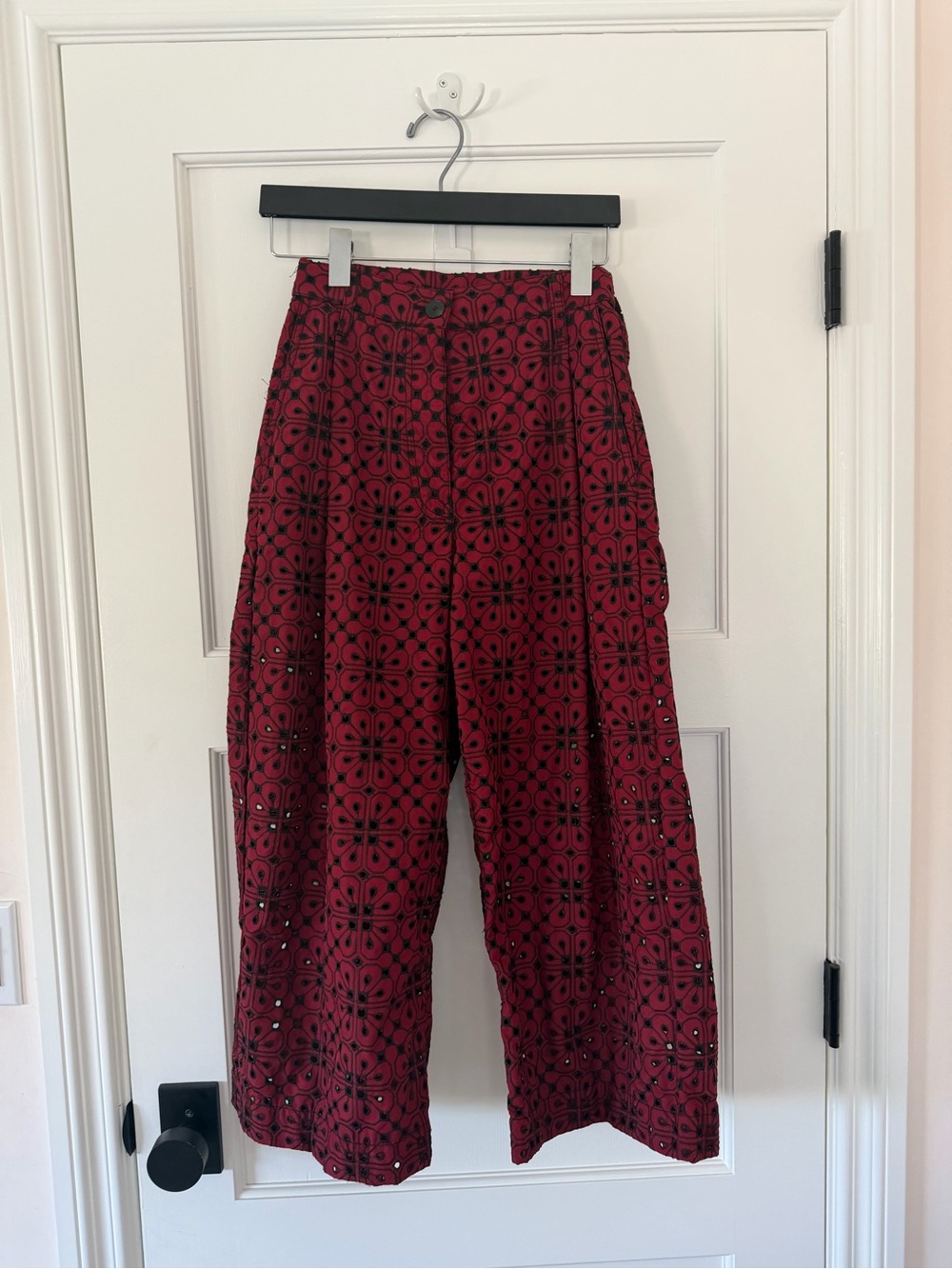 High-Waist Wide Leg Eyelet Pants in Deep Red